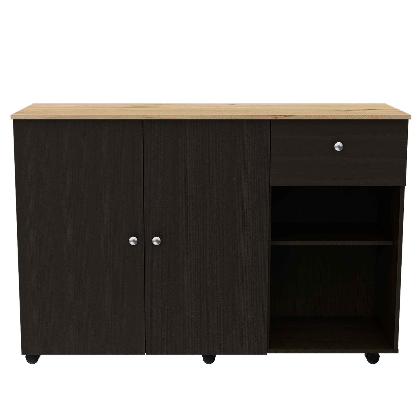 Kitchen Island Cart Victoria, Four Interior Shelves, Six Carters, One Drawer, Double Door Cabinet