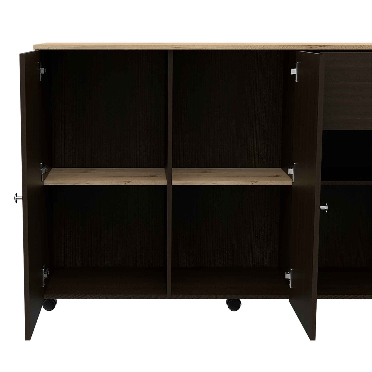 Kitchen Island Cart Victoria, Four Interior Shelves, Six Carters, One Drawer, Double Door Cabinet