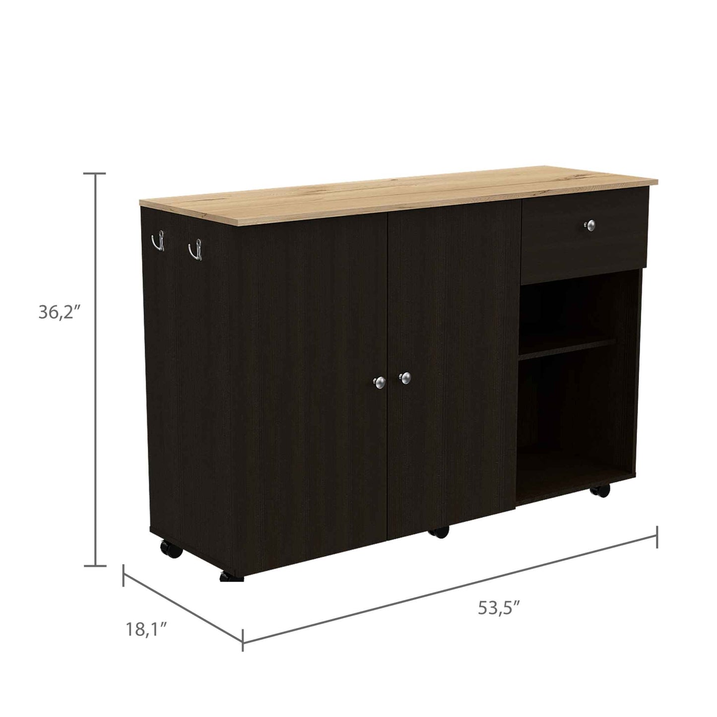 Kitchen Island Cart Victoria, Four Interior Shelves, Six Carters, One Drawer, Double Door Cabinet