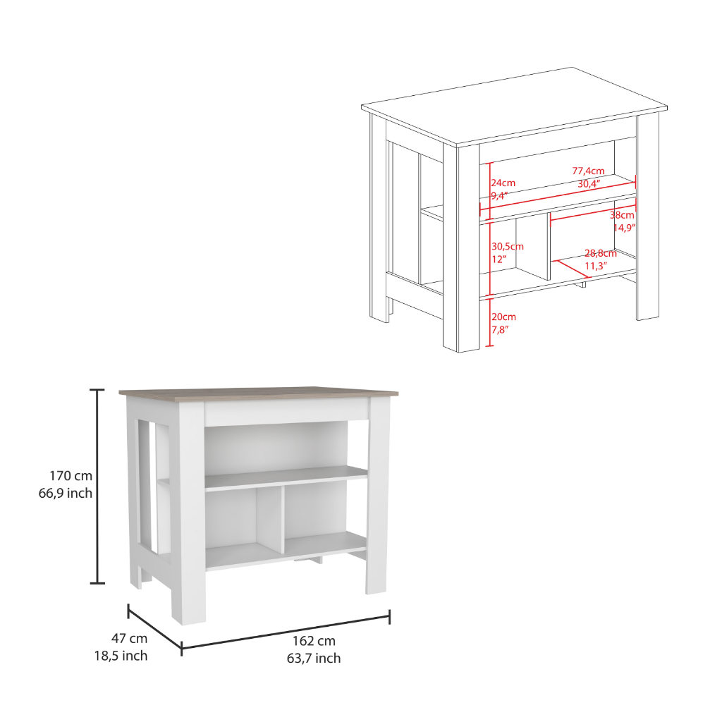 Cala Kitchen Island, Three Open Shelves, One Top Shelf, Four Legs, Modern Kitchen Decor And Organizer