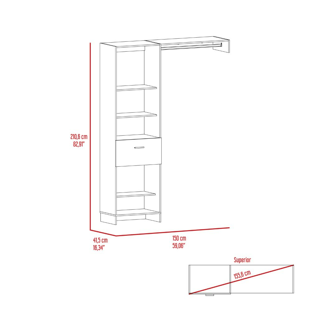 Moretti 150 Closet System, Metal Rod, Five Open Shelves, One Drawer