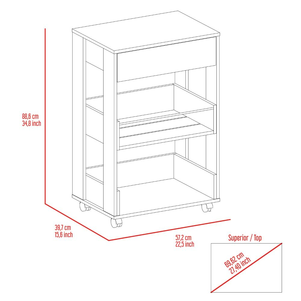 Verona Kitchen Caret, Three Shelves, Four Casters