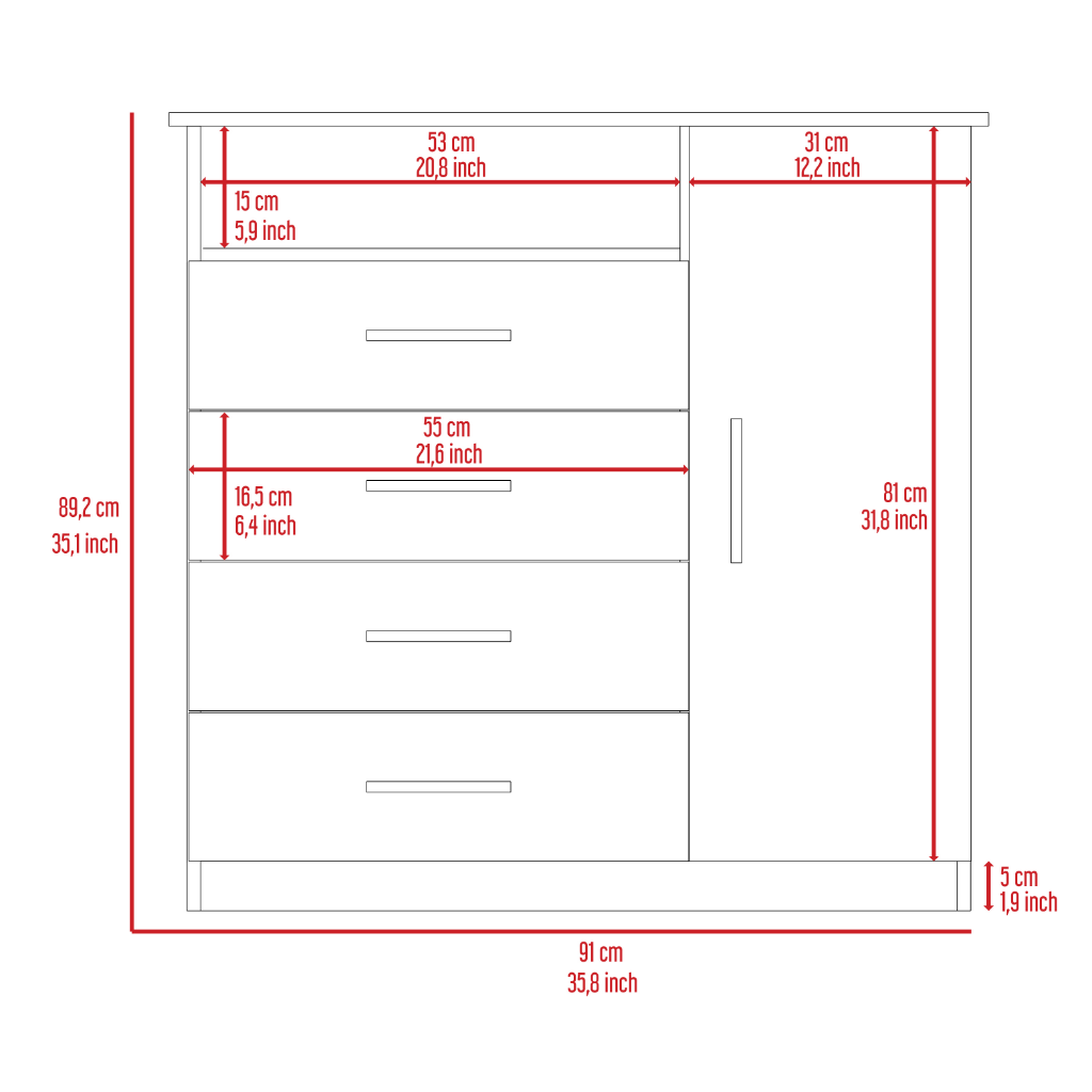Sierra Freestanding Dresser with Four Drawers, One Cabinet and One Open Shelf, Modern Bedroom Storage