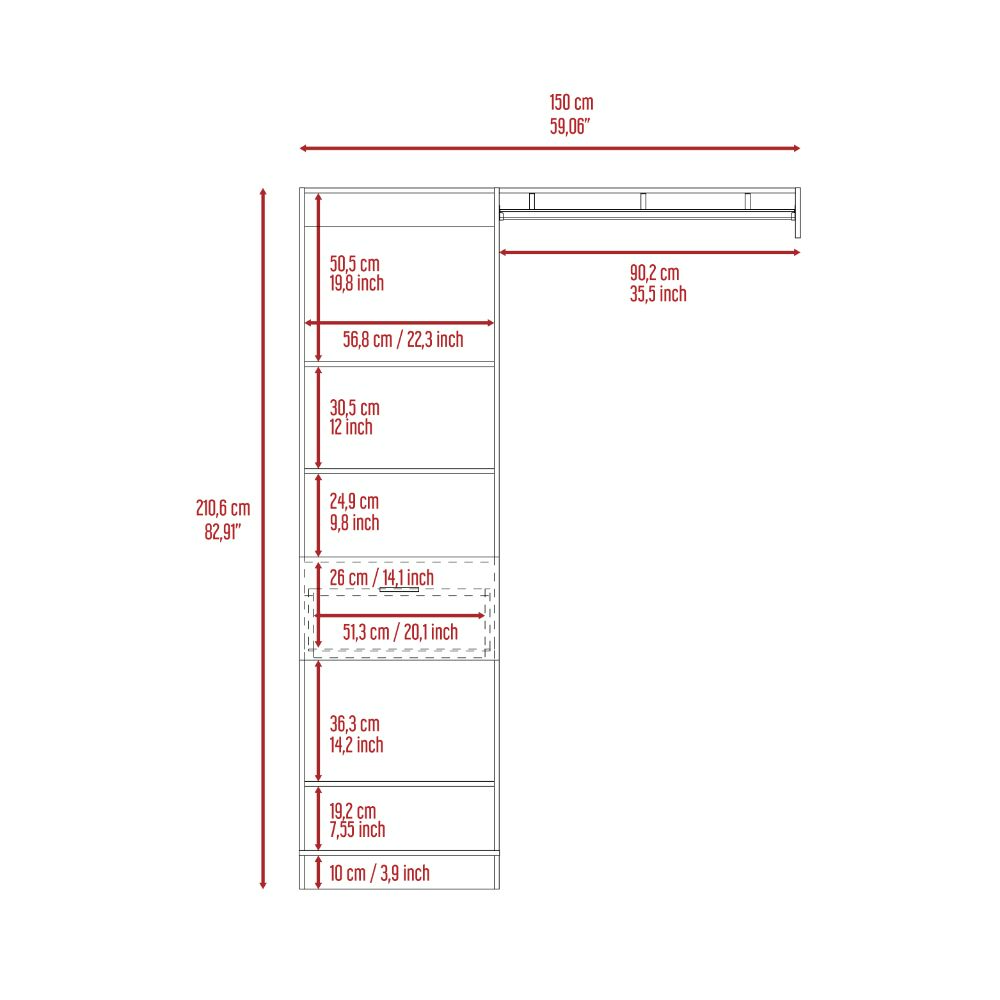 Moretti 150 Closet System, Metal Rod, Five Open Shelves, One Drawer