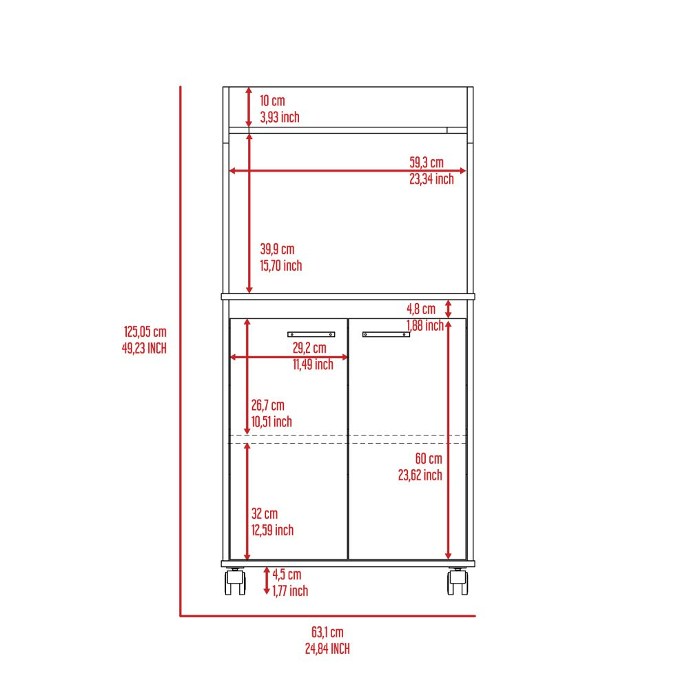 Kira Kitchen Kart, Double Door Cabinet, One Open Shelf, Two Interior Shelves