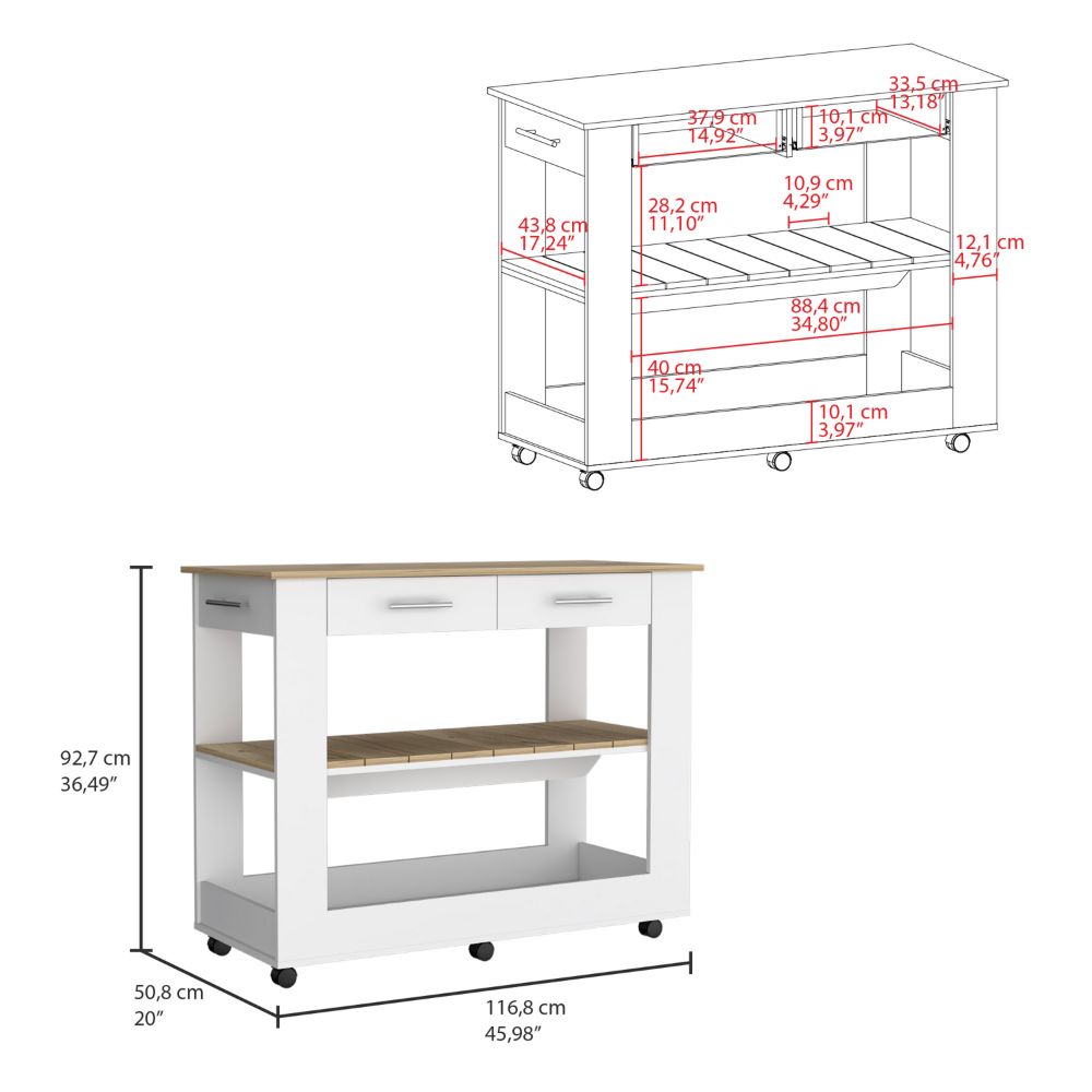 Cala Kitchen Island 46, Six Casters, Two Drawers, Lower Open Shelf