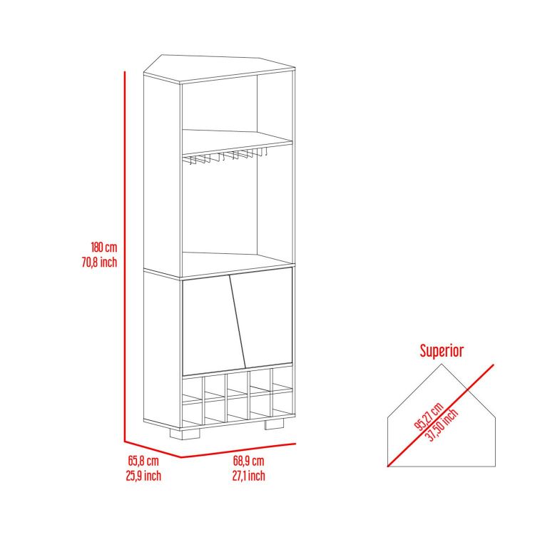 Fraktal Corner Bar Cabinet, Ten Wine Cubbies, Two Shelves, Double Door