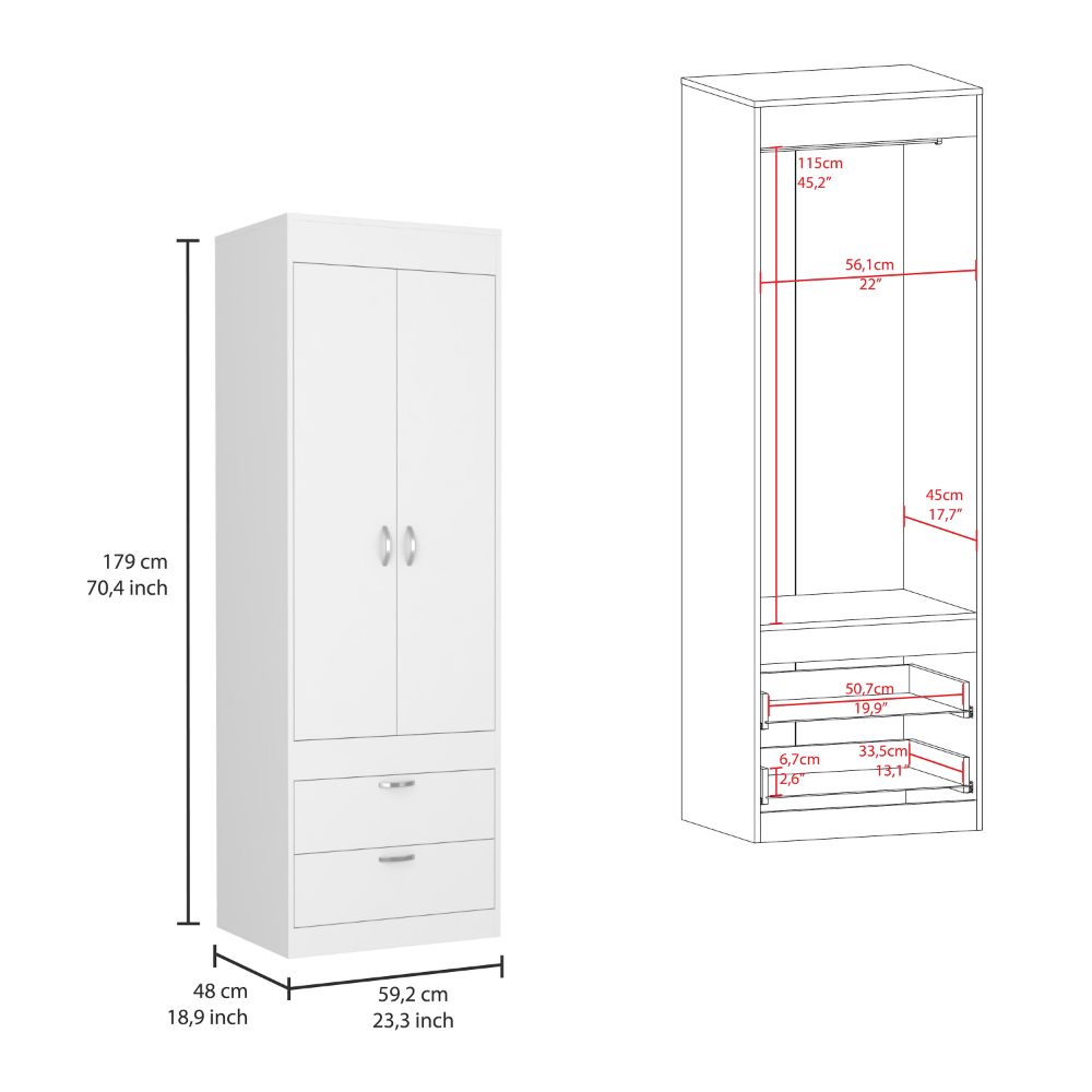 Simone Armoire, Rod, Double Door, Two Drawers, Metal Handles