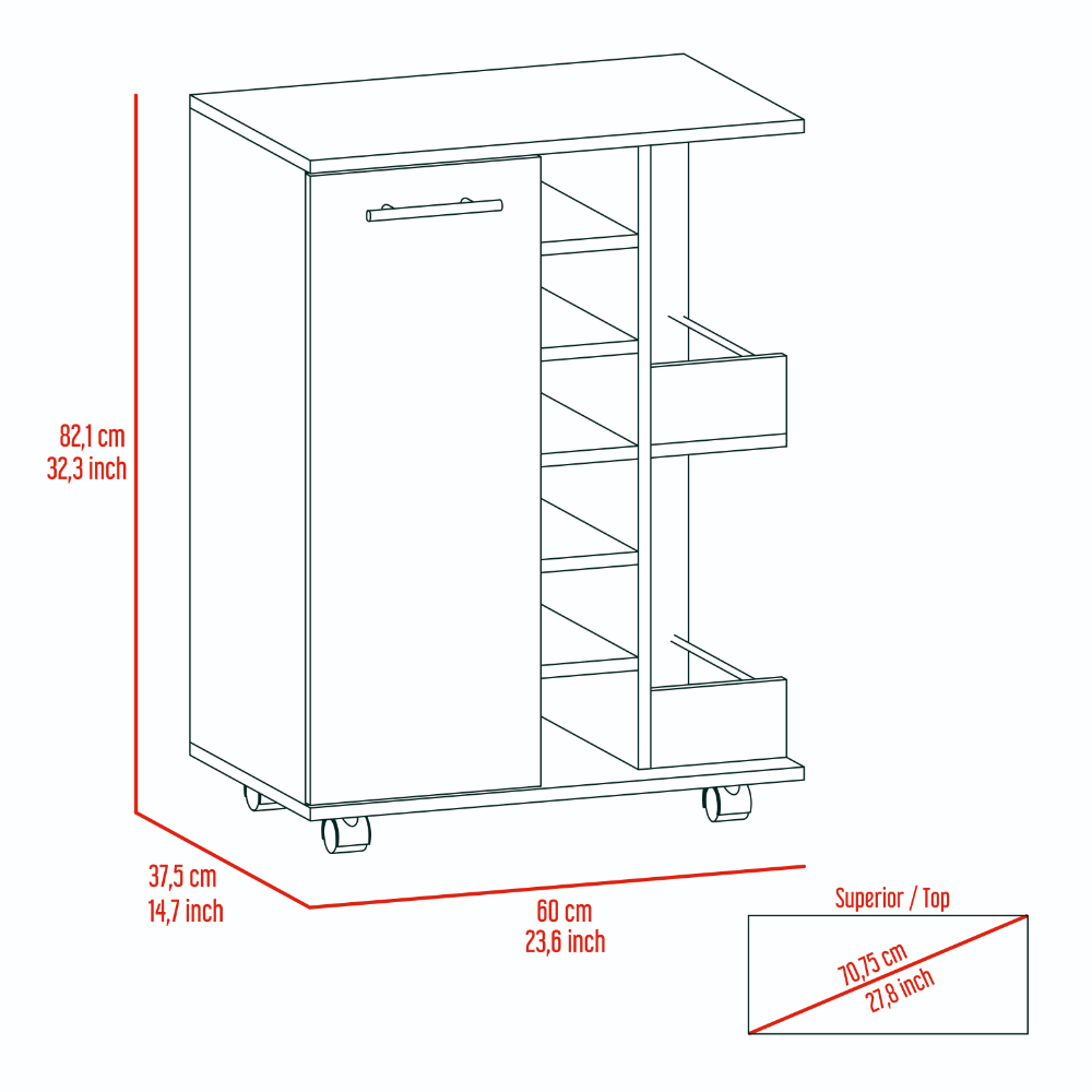 Bar Cart, Two External Shelves, Four Casters, Six Wine Cubbies, Single Door Cabinet