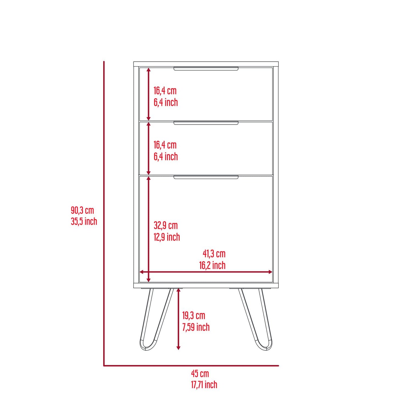 Augusta Light Dresser, Hairpin Legs, Superior Top,Three Drawers
