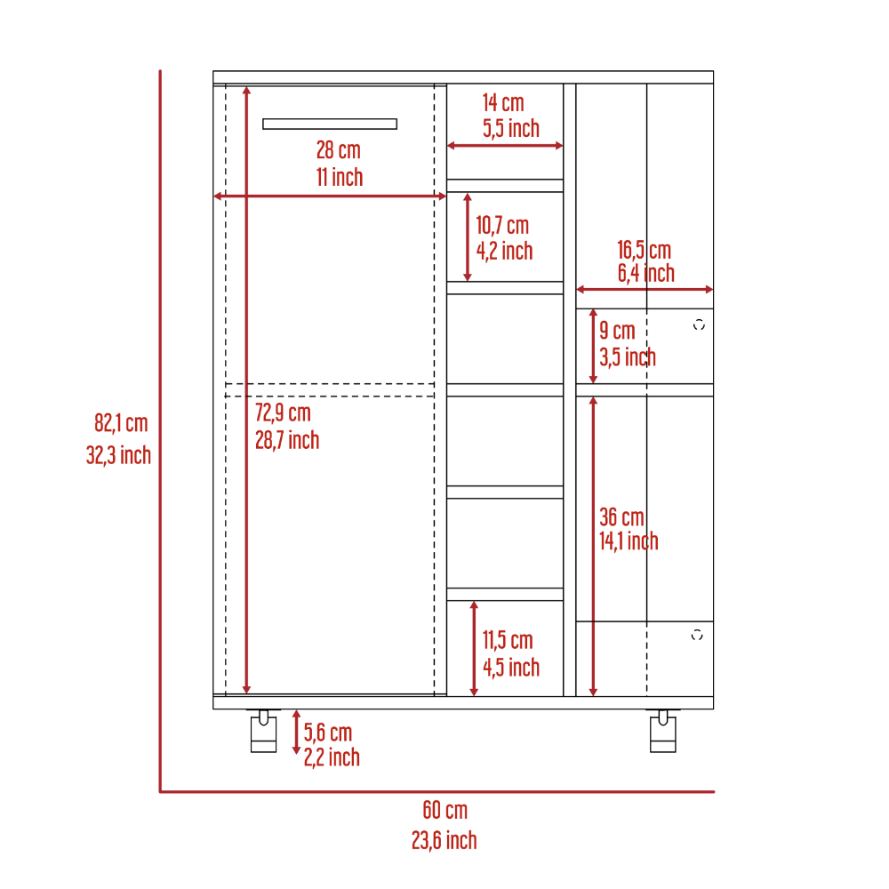 Bar Cart, Two External Shelves, Four Casters, Six Wine Cubbies, Single Door Cabinet