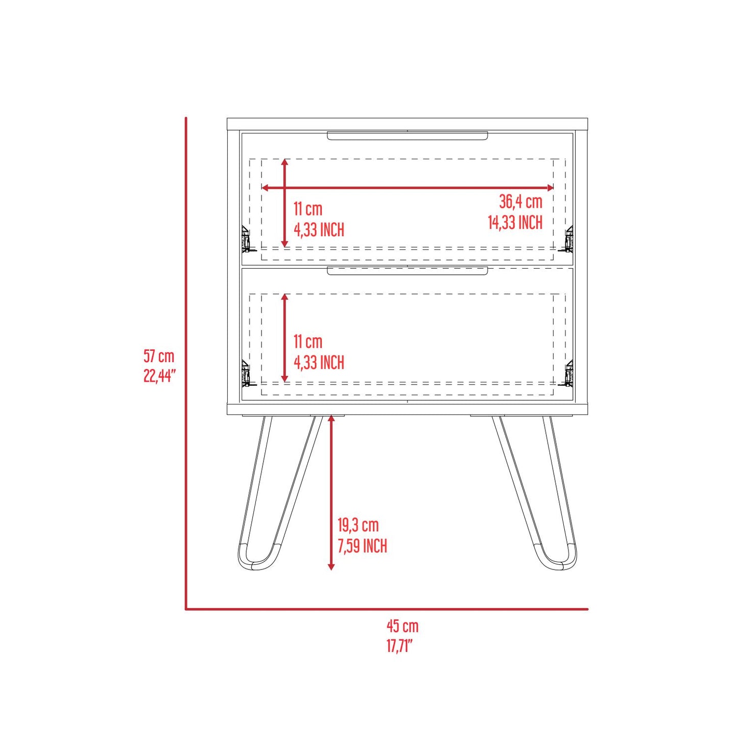 Augusta 2 Nightstand, Harpin Legs, Two Drawers