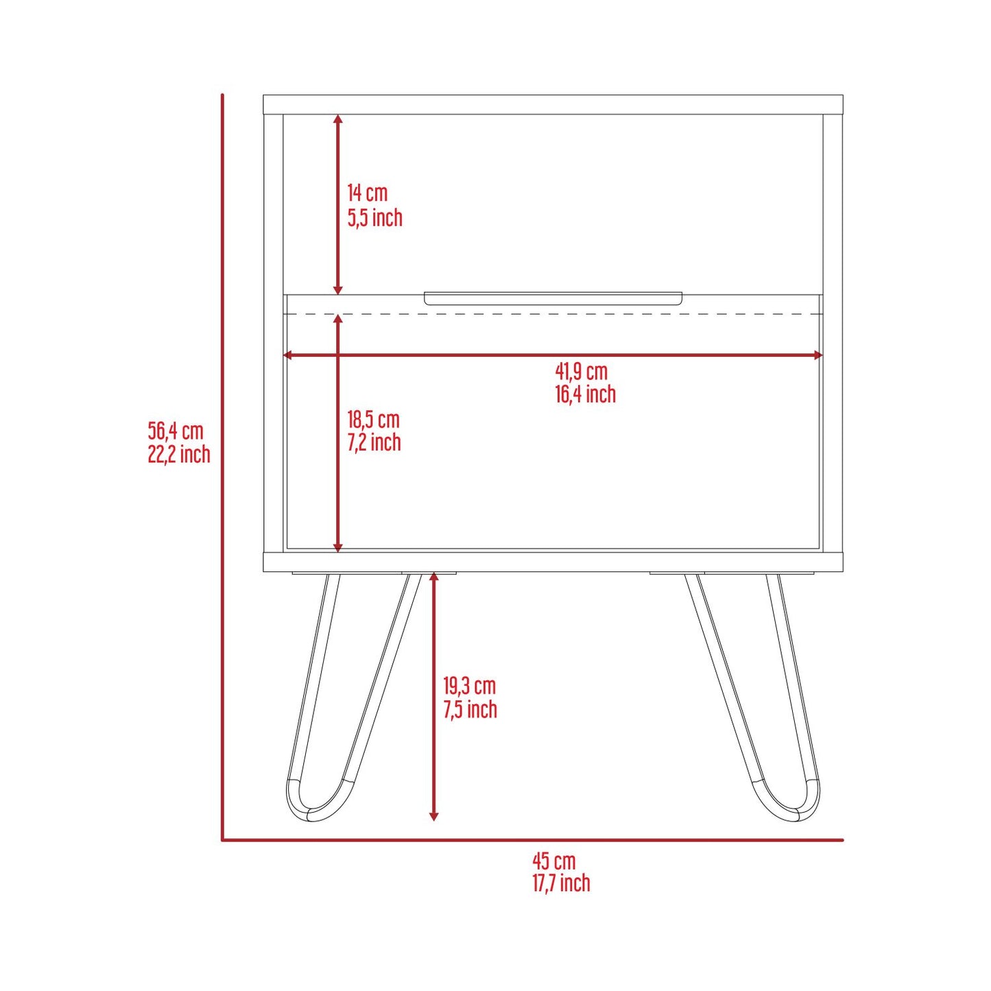 Augusta Nightstand, Single Drawer, Hairpin Legs