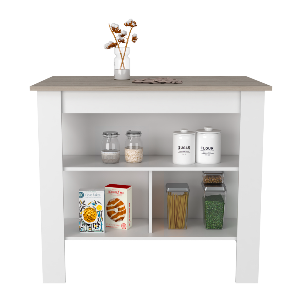 Cala Kitchen Island, Three Open Shelves, One Top Shelf, Four Legs, Modern Kitchen Decor And Organizer
