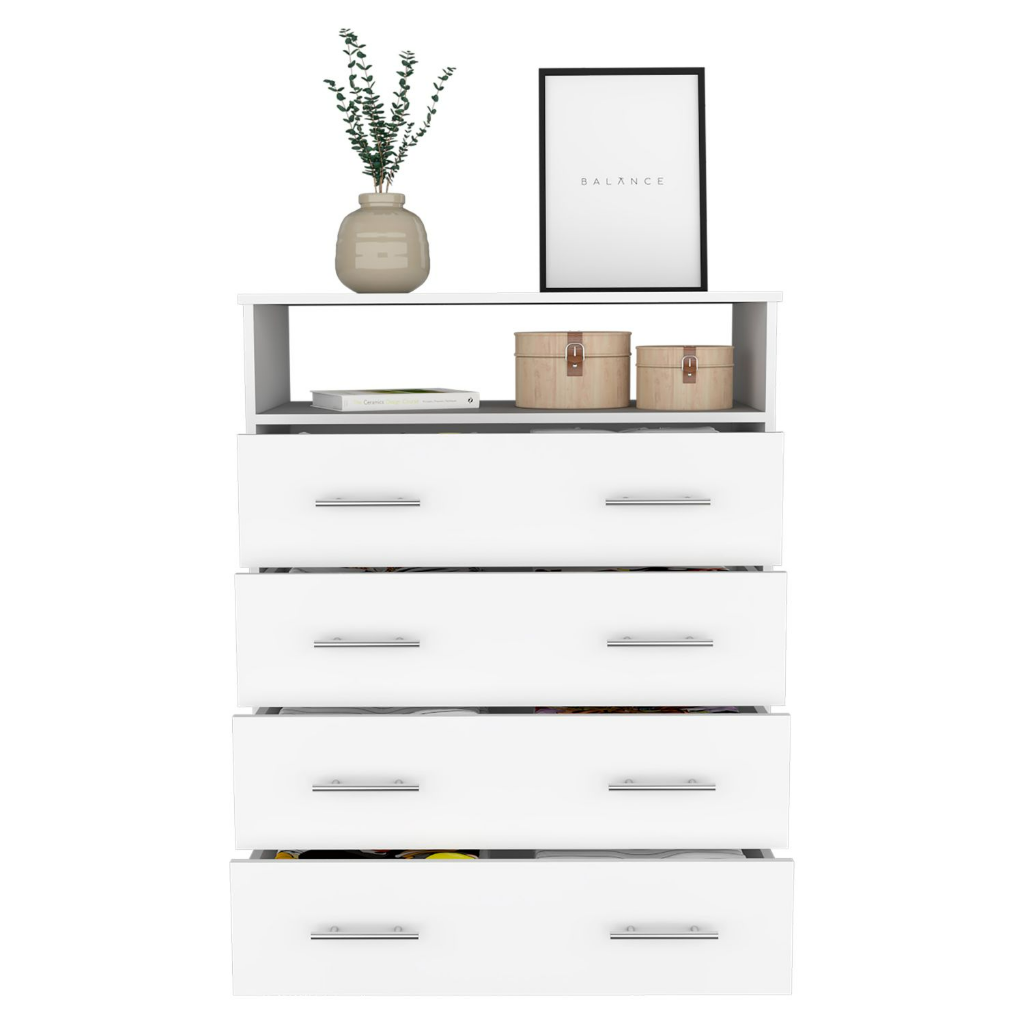 Sanna Four Drawer Dresser, One Open Shelf