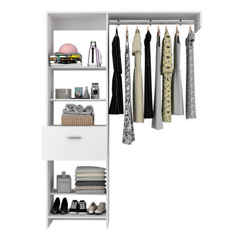 Moretti 150 Closet System, Metal Rod, Five Open Shelves, One Drawer