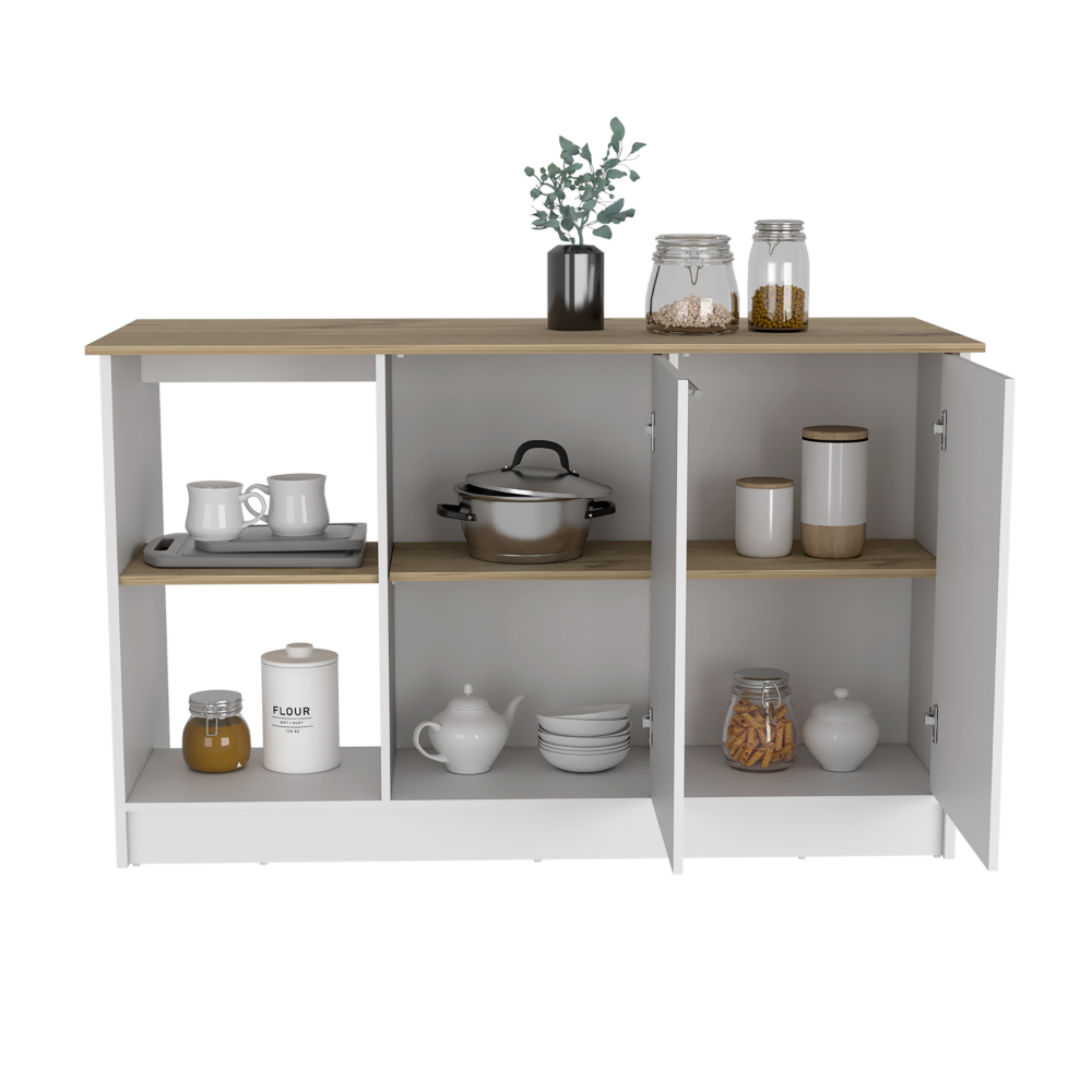 Juniper Kitchen Island, Four Open Shelves, Two Cabinets