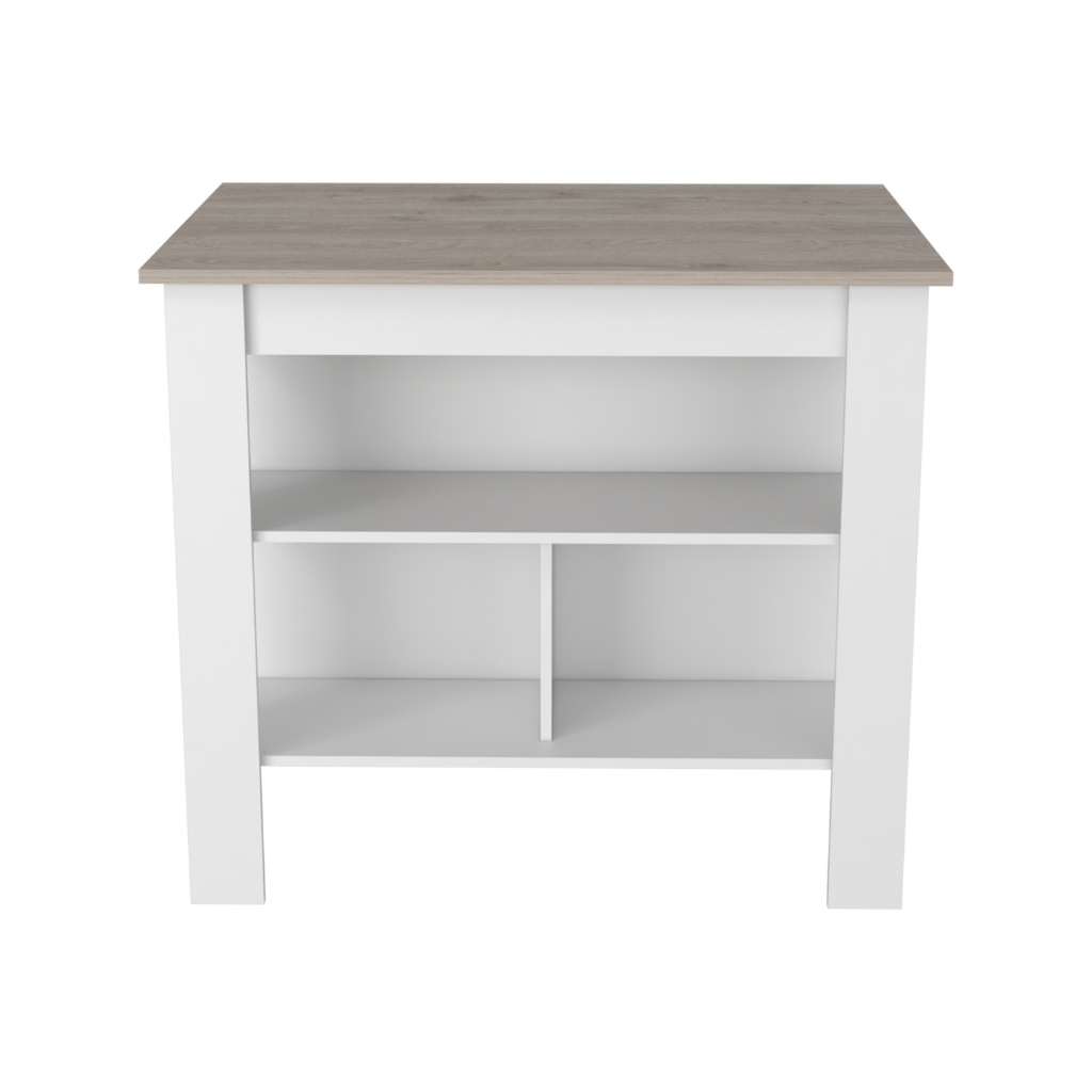 Cala Kitchen Island, Three Open Shelves, One Top Shelf, Four Legs, Modern Kitchen Decor And Organizer