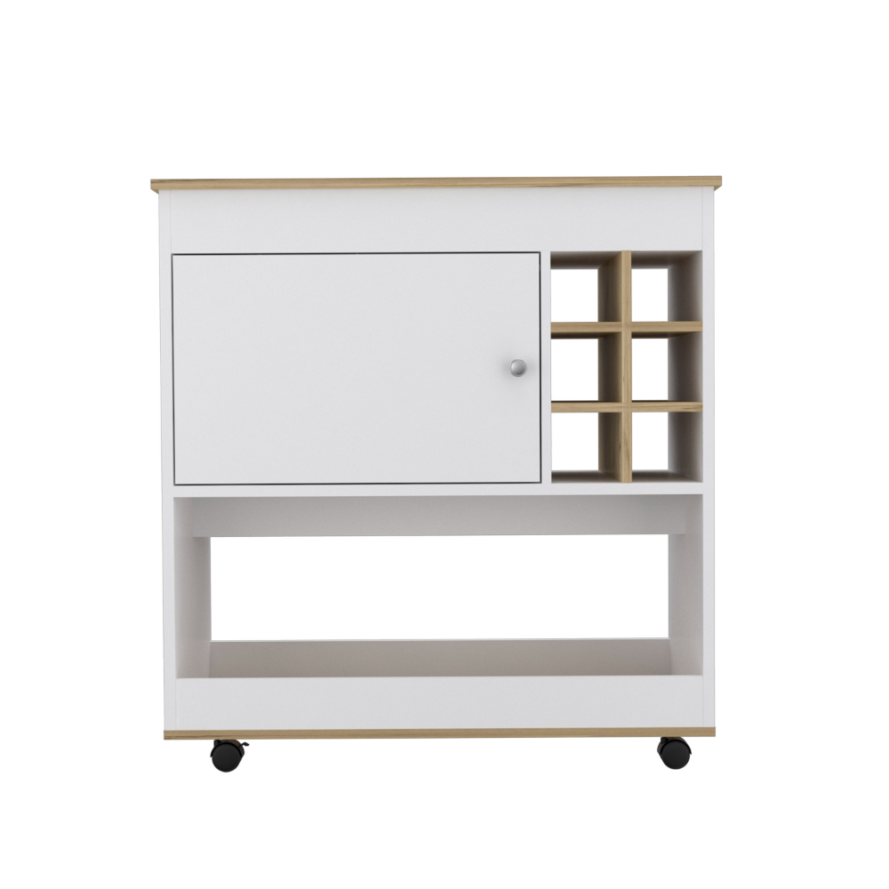 Camelia Bar Cart, Lower Panel, Six Bottle Cubbies, One Cabinet