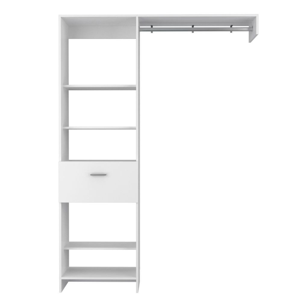 Moretti 150 Closet System, Metal Rod, Five Open Shelves, One Drawer