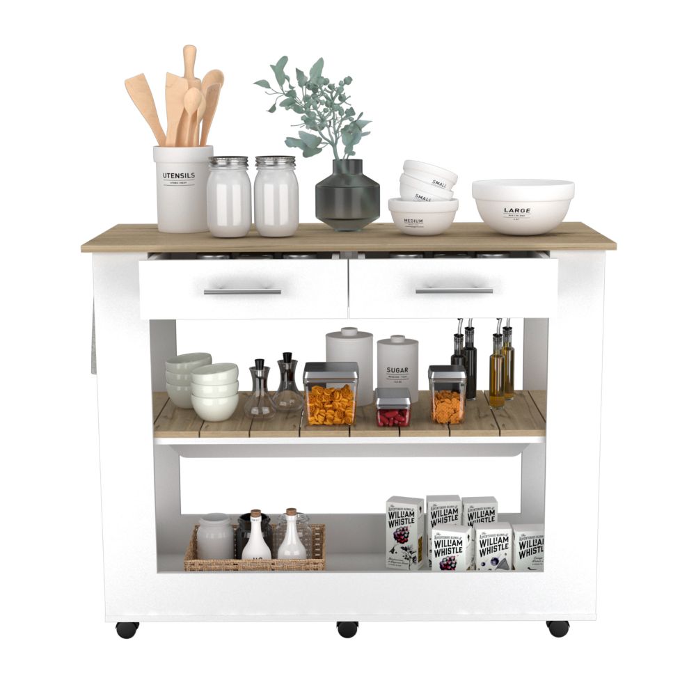 Cala Kitchen Island 46, Six Casters, Two Drawers, Lower Open Shelf