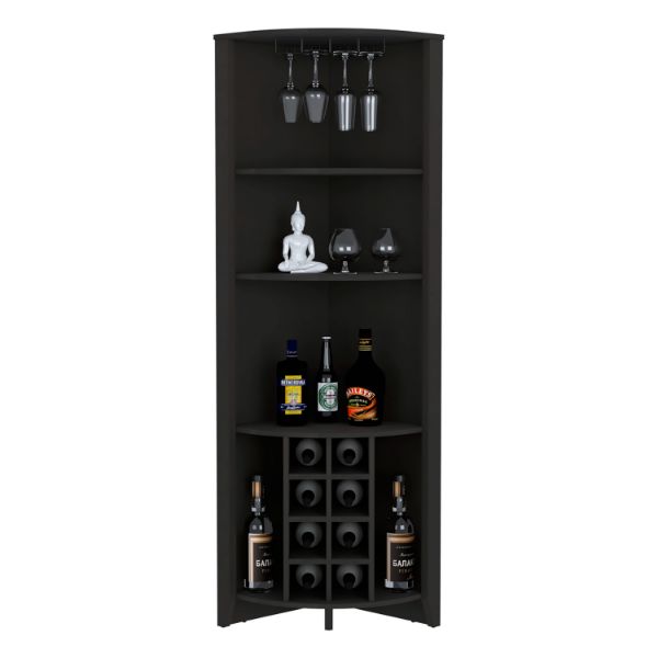 Essential Corner Bar Cabinet , Three Shelves, Eight Wine Cubbies, Two Side Shelves