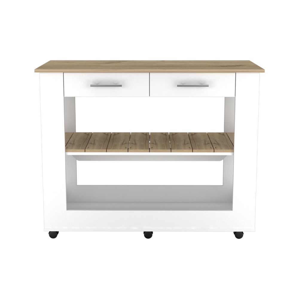 Cala Kitchen Island 46, Six Casters, Two Drawers, Lower Open Shelf