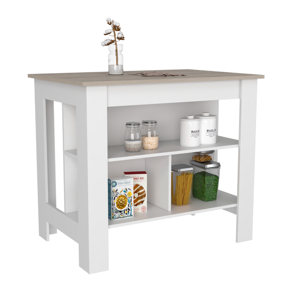 Cala Kitchen Island, Three Open Shelves, One Top Shelf, Four Legs, Modern Kitchen Decor And Organizer