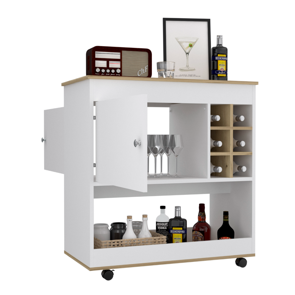 Camelia Bar Cart, Lower Panel, Six Bottle Cubbies, One Cabinet