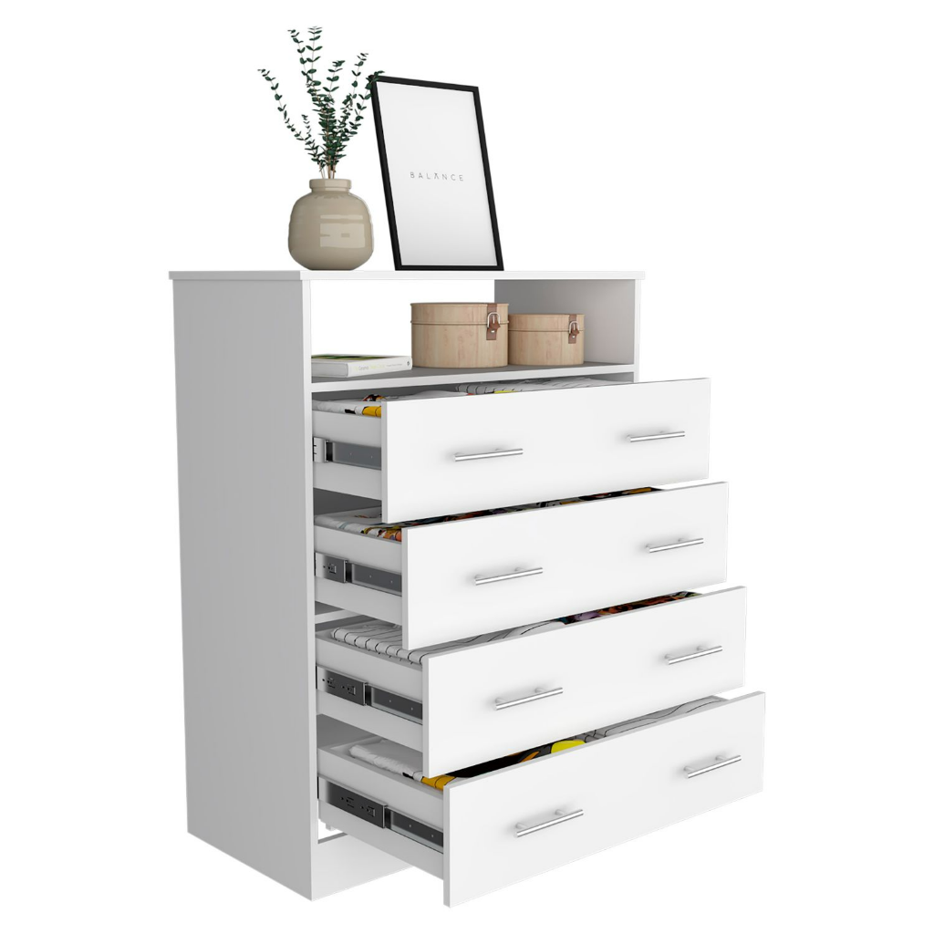 Sanna Four Drawer Dresser, One Open Shelf