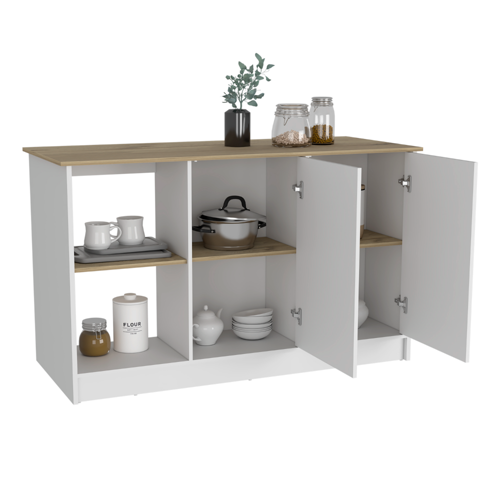 Juniper Kitchen Island, Four Open Shelves, Two Cabinets