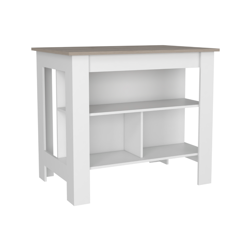 Cala Kitchen Island, Three Open Shelves, One Top Shelf, Four Legs, Modern Kitchen Decor And Organizer