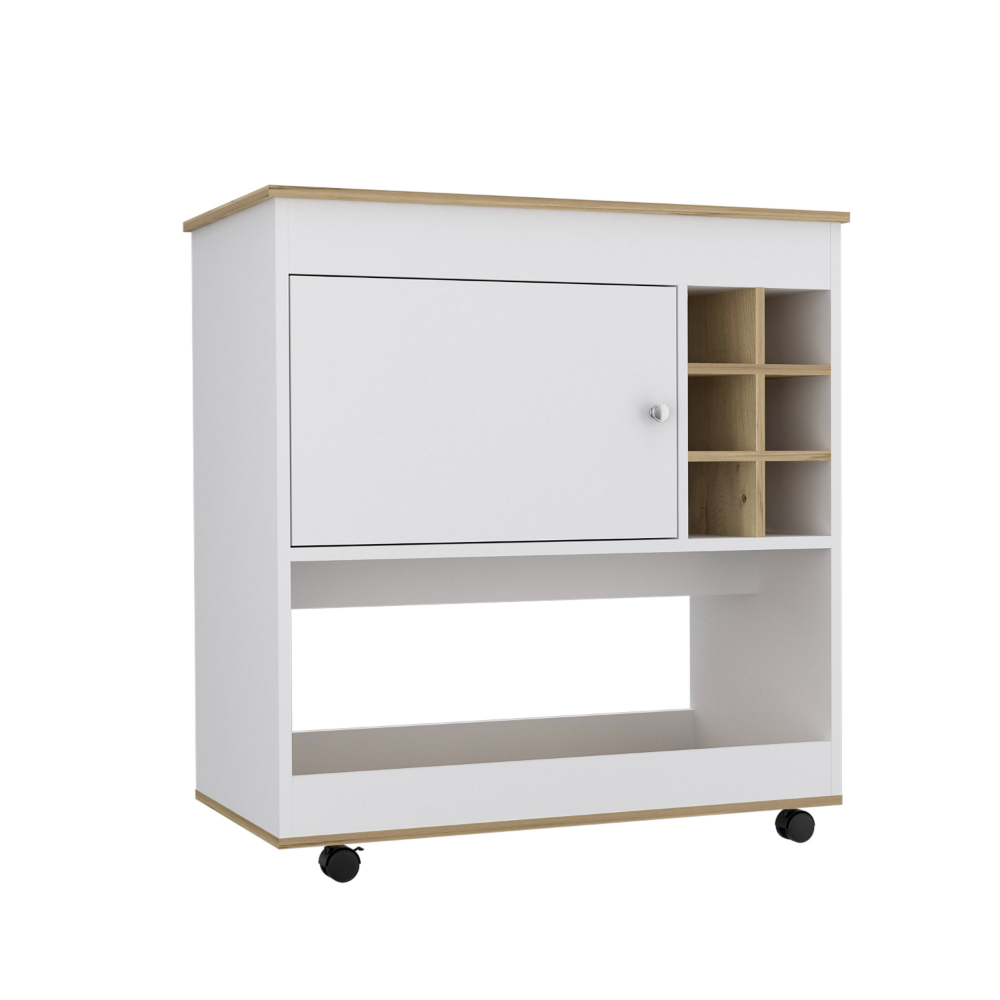 Camelia Bar Cart, Lower Panel, Six Bottle Cubbies, One Cabinet