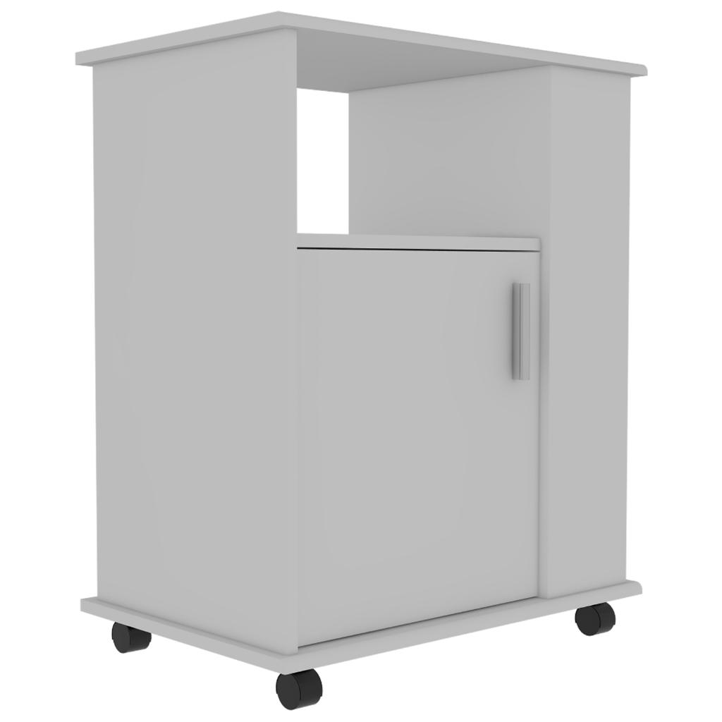 Kitchen Service Cart, Three Side  Shelves, Two Interior Shelves, Single Door Cabinet