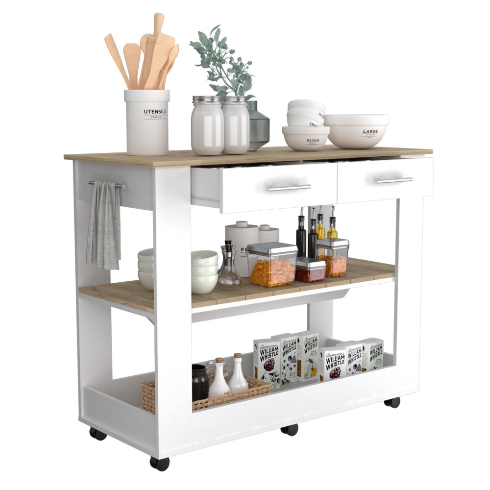 Cala Kitchen Island 46, Six Casters, Two Drawers, Lower Open Shelf