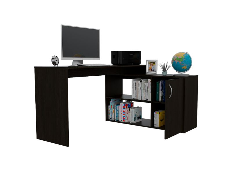 Rossi L-Shaped Desk, Two Interior Shelves, Single Door Cabinet, Two Open Shelves