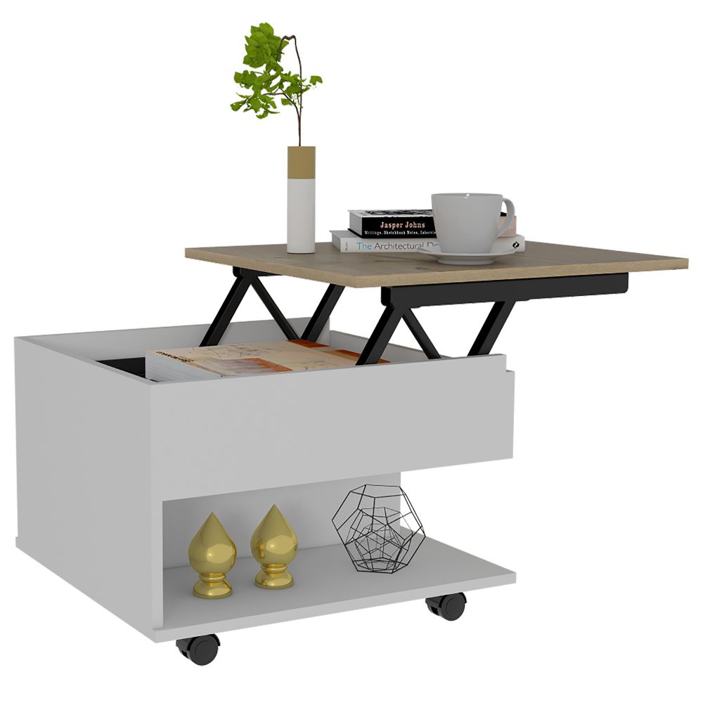 Romano Lift-Top Coffee Table with Casters, One Top Shelf and Hidden Storage