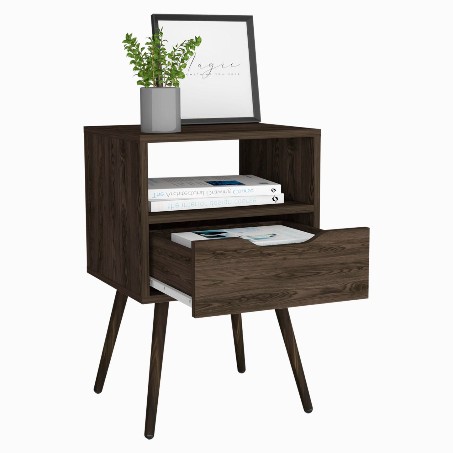 Otom Nightstand, Superior Top Shelf, Open Shelf for Storage, Single Drawer, Modern & Minimalist Bedside Stand