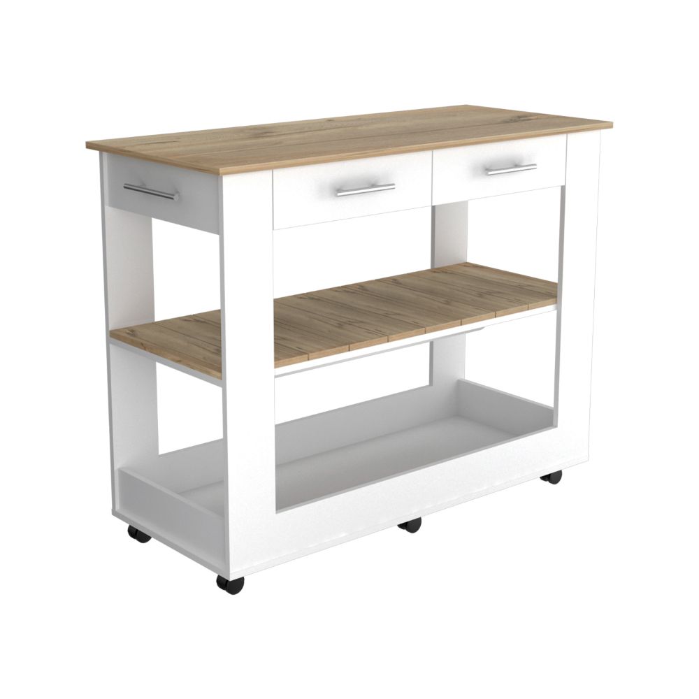 Cala Kitchen Island 46, Six Casters, Two Drawers, Lower Open Shelf