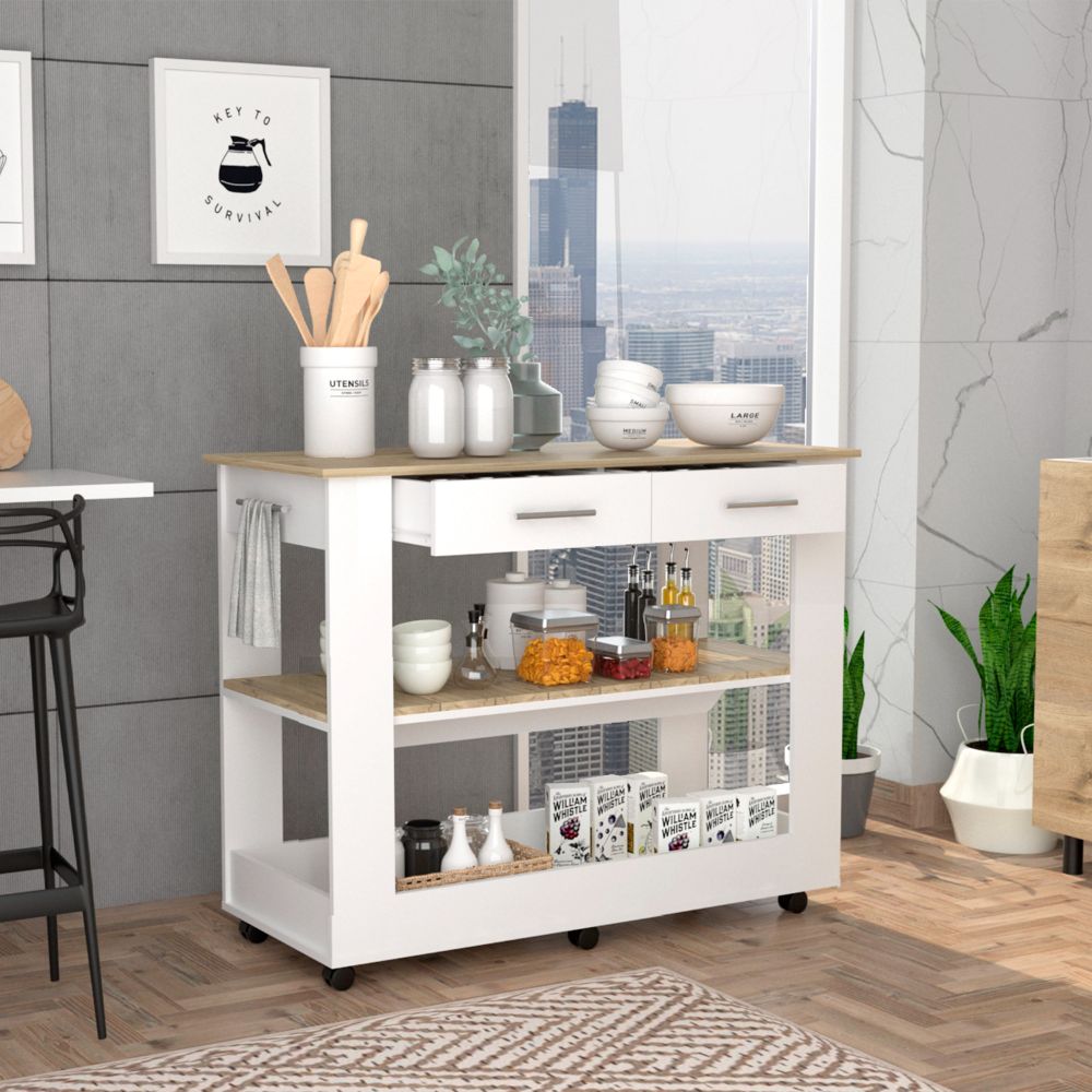 Cala Kitchen Island 46, Six Casters, Two Drawers, Lower Open Shelf