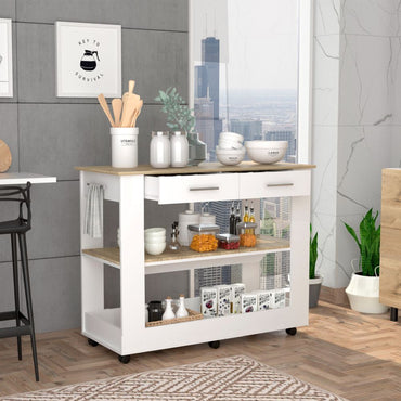 Cala Kitchen Island 46,  Six Casters, Two Drawers, Lower Open Shelf