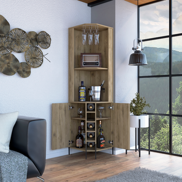 TUHOME Hans Corner Bar Cabinet with Five Built-In Wine Rack, Two Spacious Shelves, Cup Rack and Freestanding Home Bar Storage for Compact Corners, Modern Entertainment and Wine Organization