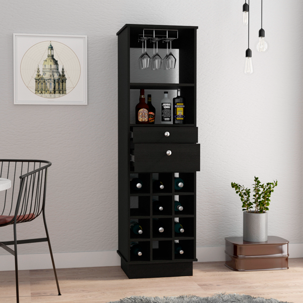 Classic Tall Bar Cabinet with Two Drawers, Two Shelves and Twelve Built-In Wine Rack Storage