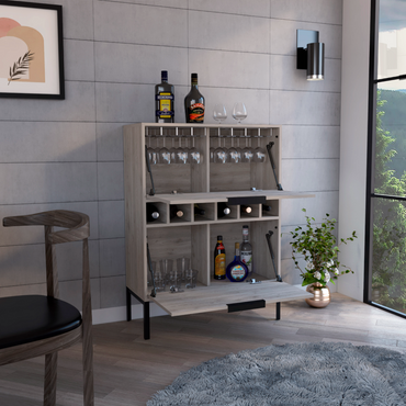Lyrata Bar Cabinet with Six Built-In Wine Rack Cubbies, Double-Door Storage Compartment, Multiple Interior Spaces and Modern Elevated Design for Organized Home Entertaining, Beverage Display and Stylish Bar Setup