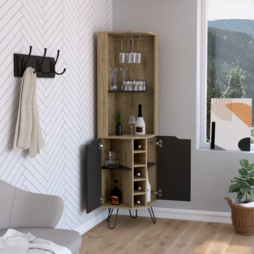 Tuhome Audra Corner Bar Cabinet with Six Built-In Wine Rack Compartments, Two Open Display Shelves, Four Interior Shelves Behind Door and Cup Rack, Space-Saving Home Bar Storage for Modern Entertaining Spaces