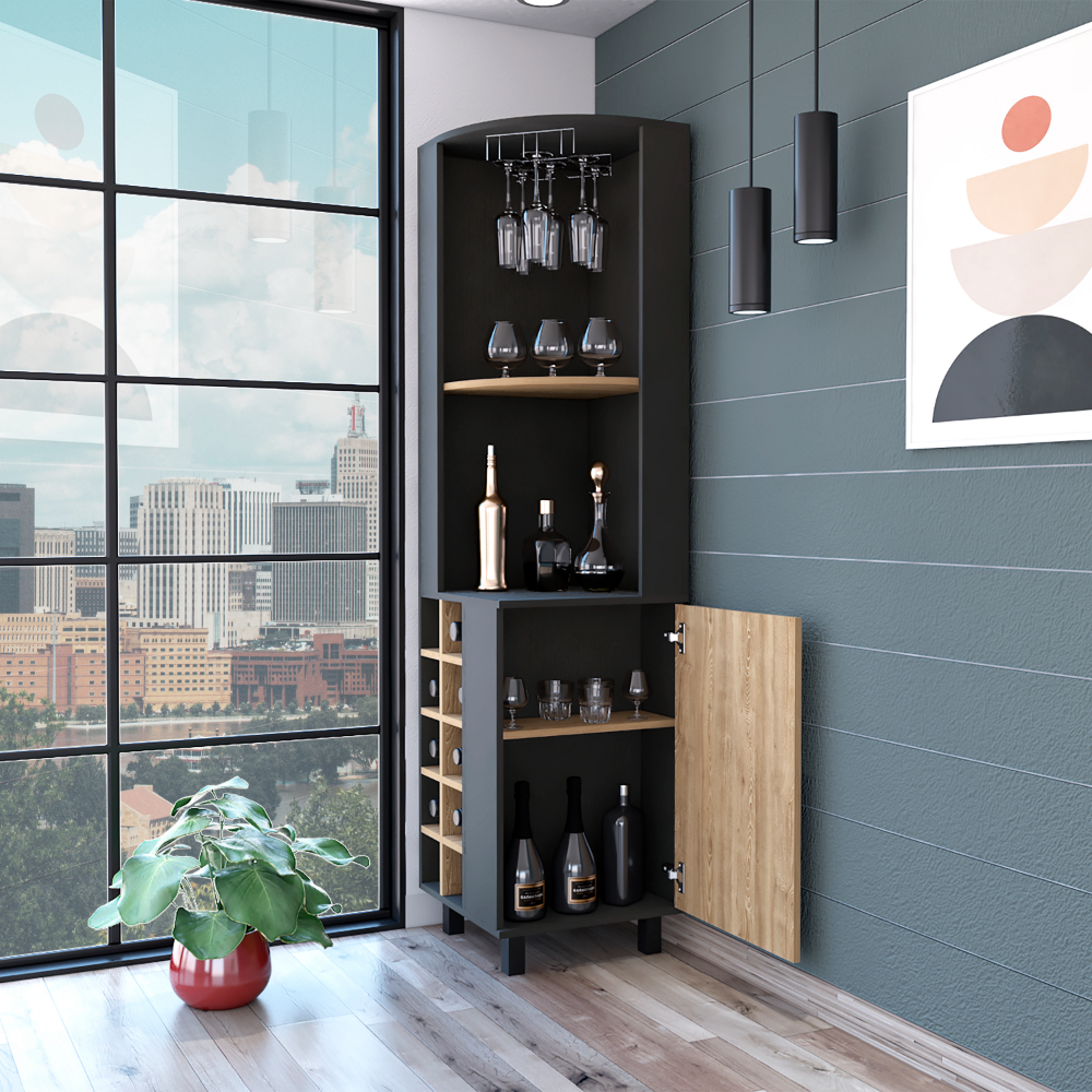 Kaia Corner Bar Cabinet with superior Glasses shelves and Cubby Shelving