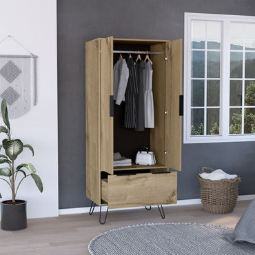 Tuhome Augusta Armoire Closet with Double Door Cabinet, Spacious Hanging Rod Storage, Large Lower Drawer and Interior Shelf, Modern Bedroom Wardrobe Organizer for Clothes, Accessories and Daily Essentials