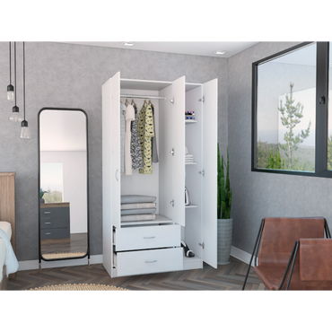 Tuhome Austral Three-Door Armoire with Double Door Hanging Cabinet, Full-Height Shelving Section, Two Spacious Storage Drawers, Modern Multi-Compartment Wardrobe for Organized Bedrooms and Versatile Home Storage