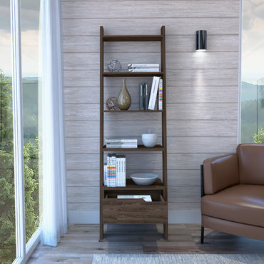 Oslo Ladder Bookcase with Five Spacious Open Shelves, Single Storage Drawer, Four-Leg Modern Frame and Decorative Display Design for Organizing Books, Showcasing Décor and Enhancing Contemporary Living or Office Spaces