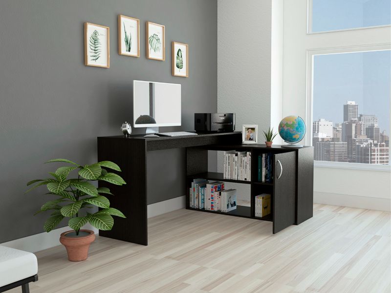 Rossi L-Shaped Desk, Two Interior Shelves, Single Door Cabinet, Two Open Shelves